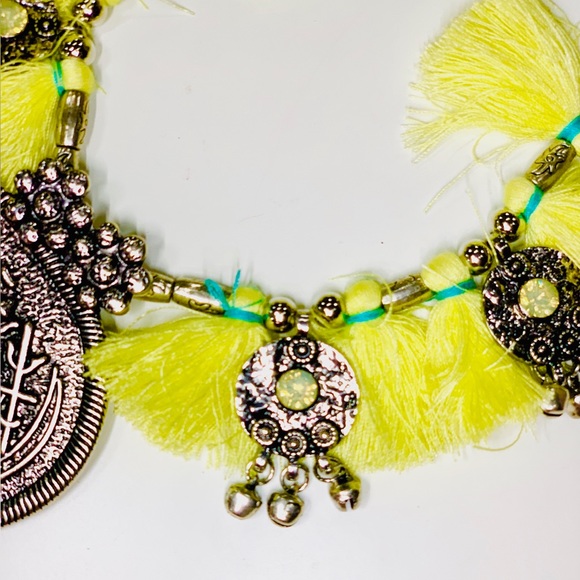 NORDSTROM Maximalist Boho Silver Yellow Fringe Tassel Crystal Statement Necklace - Picture 9 of 15